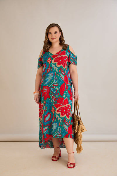 Rochie de vara marime mare multicoloră din viscoză cu umeri goi