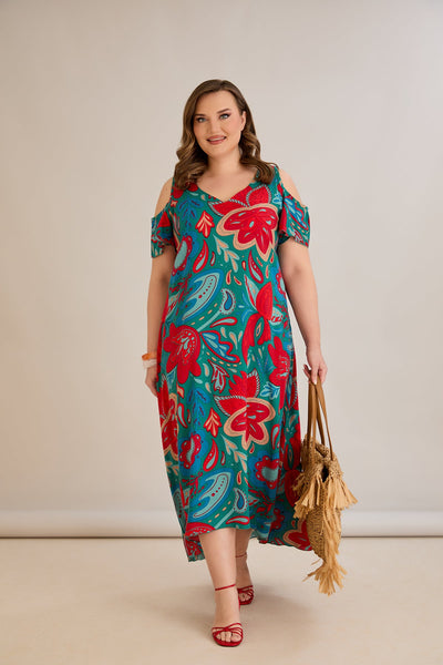 Rochie de vara marime mare multicoloră din viscoză cu umeri goi