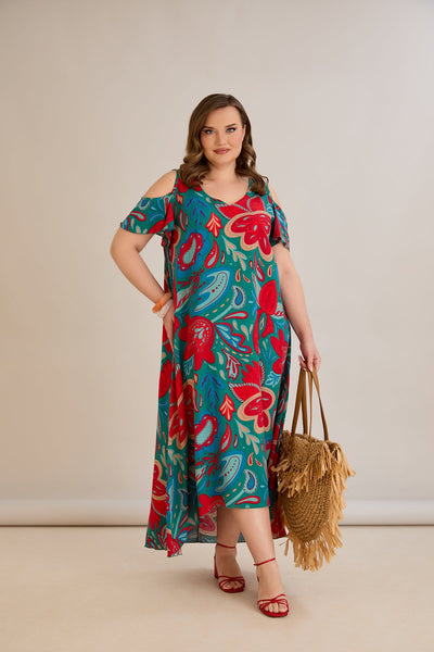 Rochie de vara marime mare multicoloră din viscoză cu umeri goi
