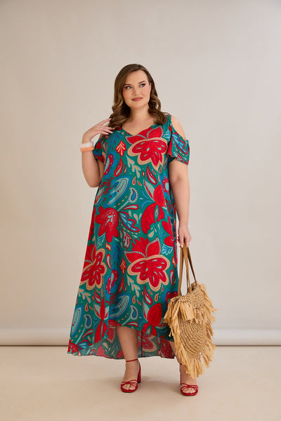 Rochie de vara marime mare multicoloră din viscoză cu umeri goi