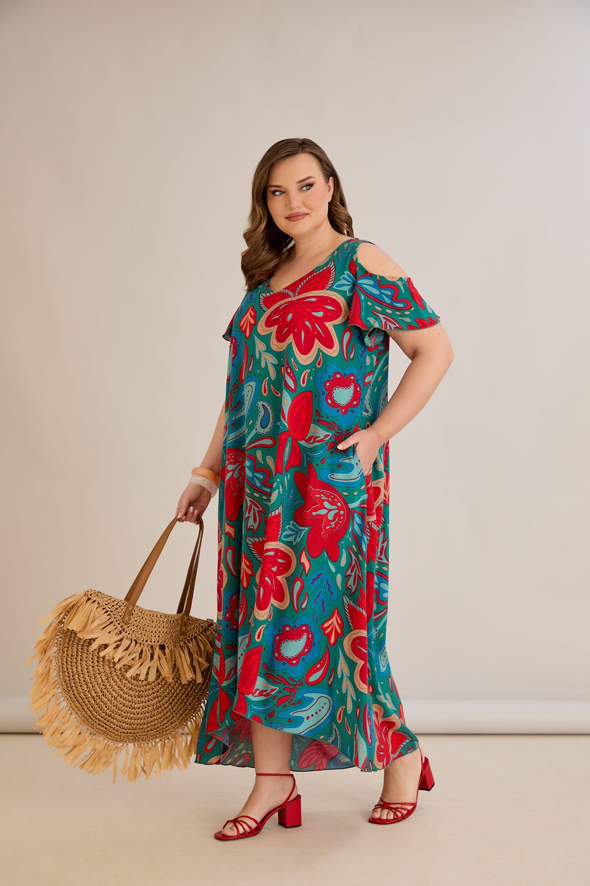 Rochie de vara marime mare multicoloră din viscoză cu umeri goi