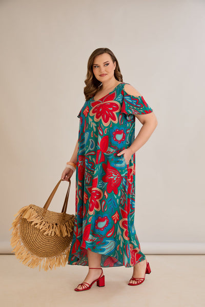 Rochie de vara marime mare multicoloră din viscoză cu umeri goi