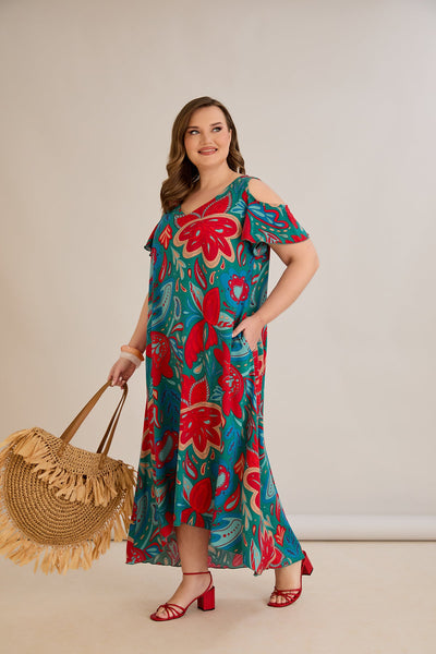 Rochie de vara marime mare multicoloră din viscoză cu umeri goi