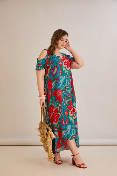Rochie de vara marime mare multicoloră din viscoză cu umeri goi