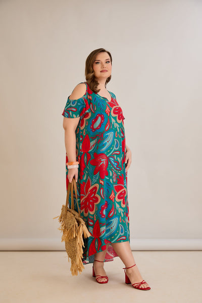 Rochie de vara marime mare multicoloră din viscoză cu umeri goi