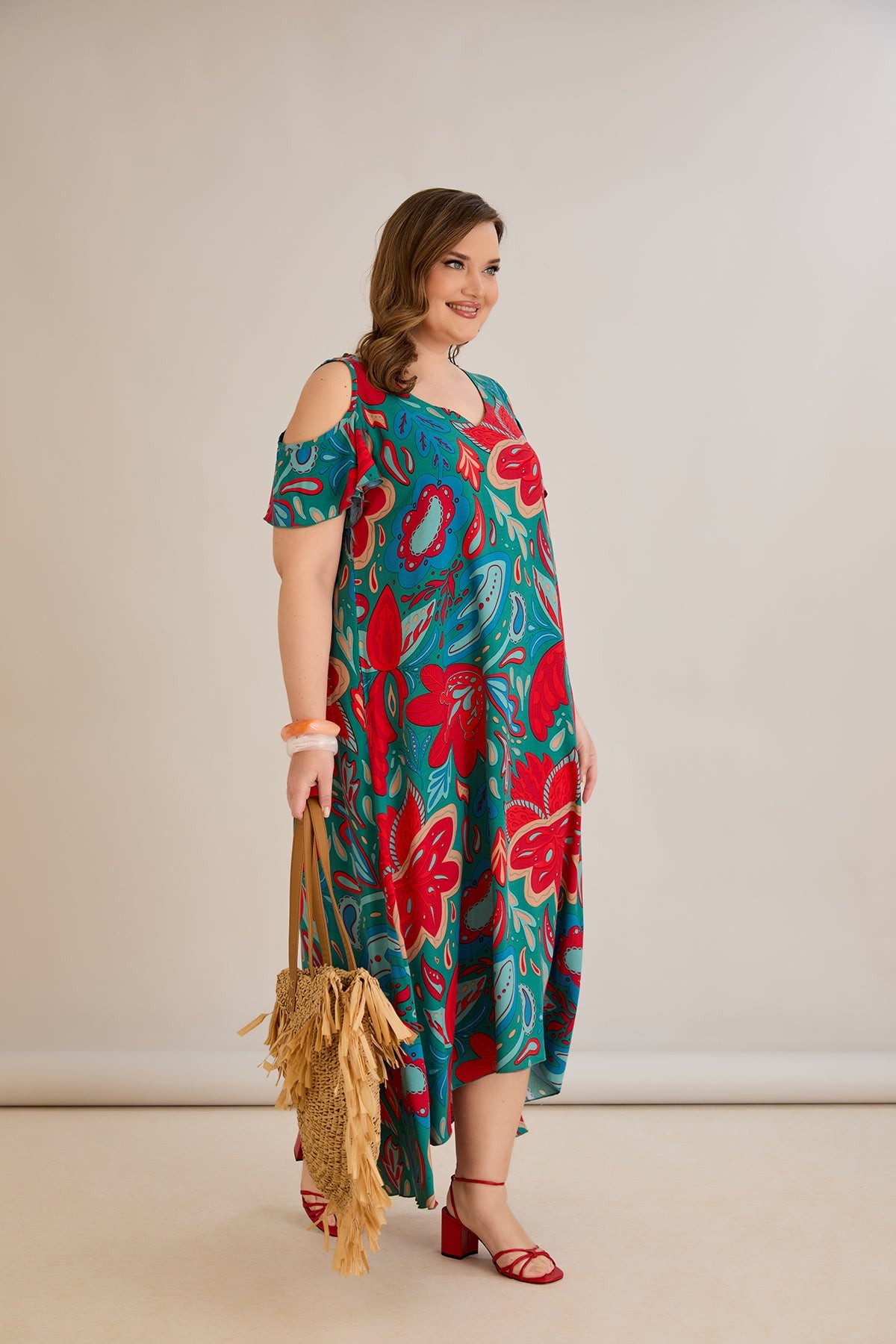 Rochie de vara marime mare multicoloră din viscoză cu umeri goi