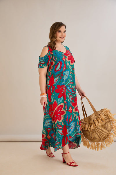 Rochie de vara marime mare multicoloră din viscoză cu umeri goi