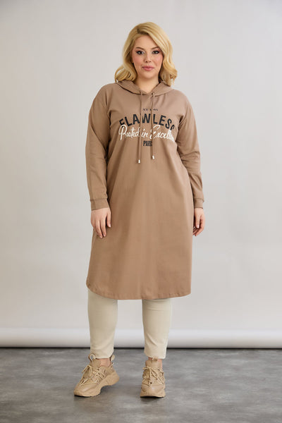 Rochie-tunica marime mare din bumbac cu inscriptie Paris - moka