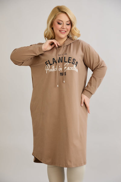 Rochie-tunica marime mare din bumbac cu inscriptie Paris - moka