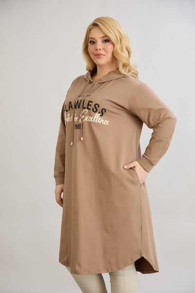 Rochie-tunica marime mare din bumbac cu inscriptie Paris - moka