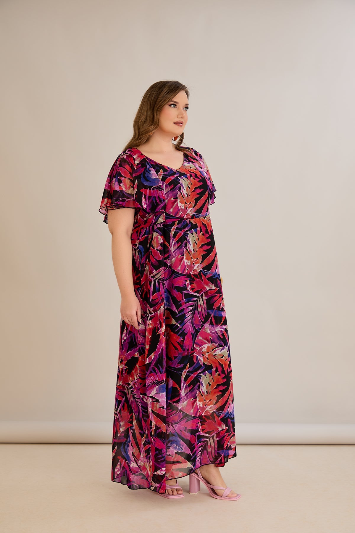 Rochie florala marime mare din sifon Festivalul culorilor