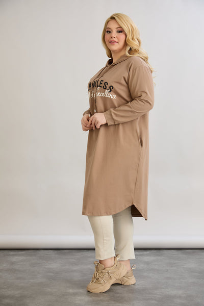 Rochie-tunica marime mare din bumbac cu inscriptie Paris - moka