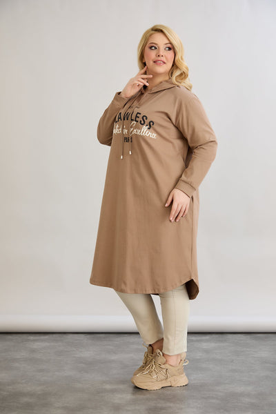 Rochie-tunica marime mare din bumbac cu inscriptie Paris - moka