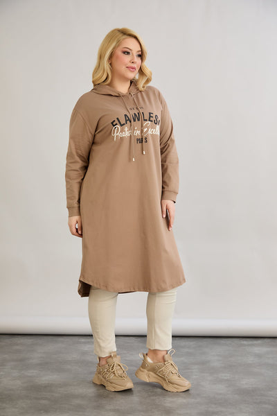 Rochie-tunica marime mare din bumbac cu inscriptie Paris - moka