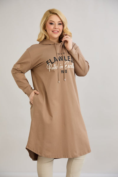 Rochie-tunica marime mare din bumbac cu inscriptie Paris - moka