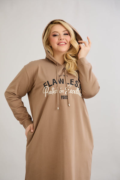 Rochie-tunica marime mare din bumbac cu inscriptie Paris - moka