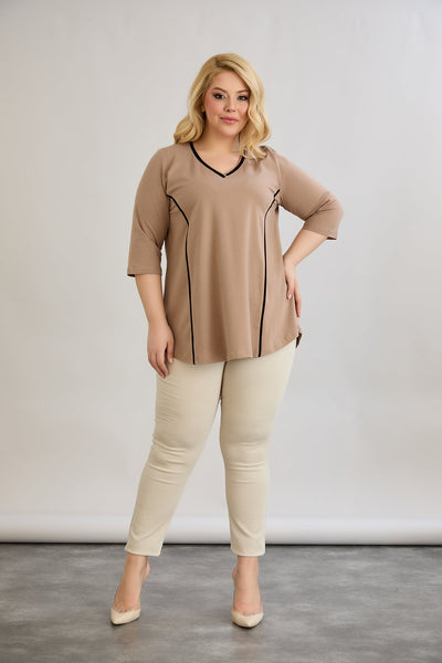 Bluza marime mare din bumbac in linie A cu fitiluri contrastante - bej