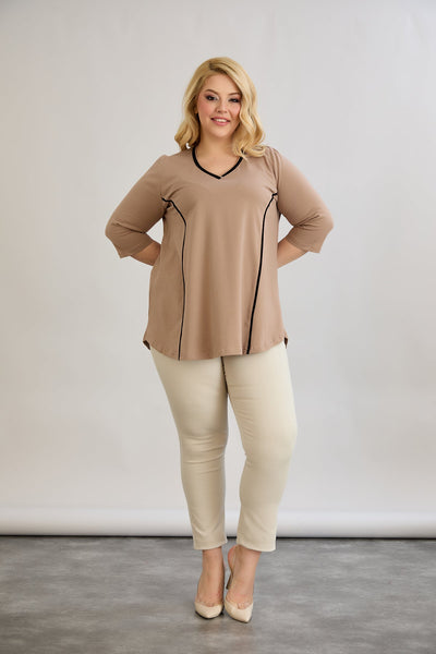 Bluza marime mare din bumbac in linie A cu fitiluri contrastante - bej