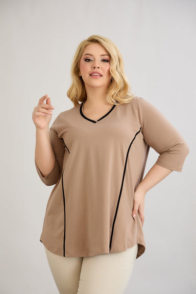 Bluza marime mare din bumbac in linie A cu fitiluri contrastante - bej