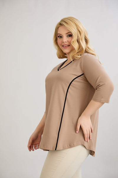 Bluza marime mare din bumbac in linie A cu fitiluri contrastante - bej