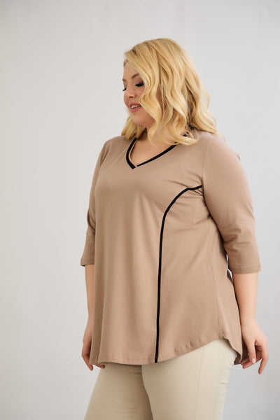 Bluza marime mare din bumbac in linie A cu fitiluri contrastante - bej