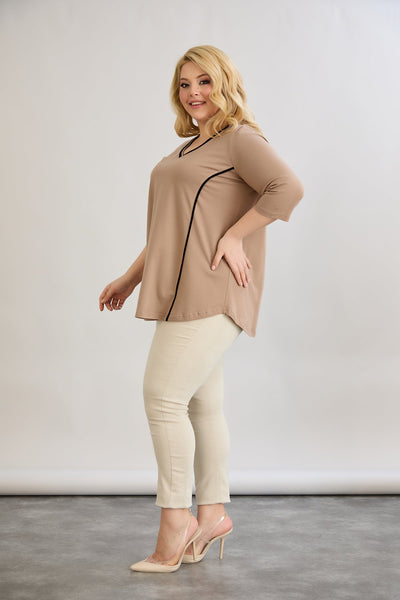 Bluza marime mare din bumbac in linie A cu fitiluri contrastante - bej