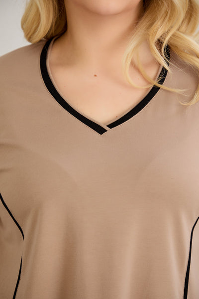 Bluza marime mare din bumbac in linie A cu fitiluri contrastante - bej