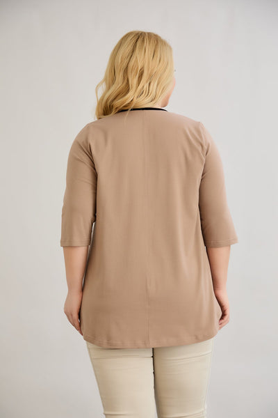 Bluza marime mare din bumbac in linie A cu fitiluri contrastante - bej