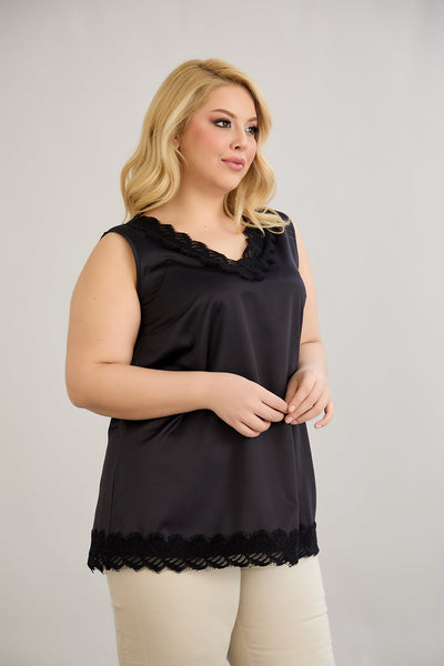 Maiou marime mare din satin cu dantela - negru