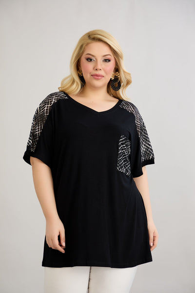 Bluza marime mare cu plasa decorativa - negru