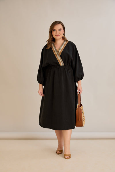 Rochie marime mare din tencel cu decor pe decolteu - negru - 10964