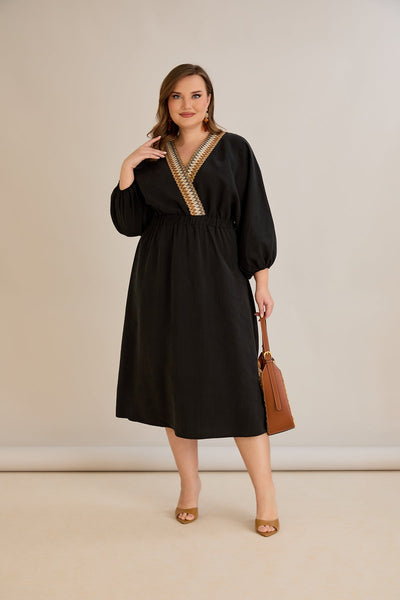 Rochie marime mare din tencel cu decor pe decolteu - negru - 10964