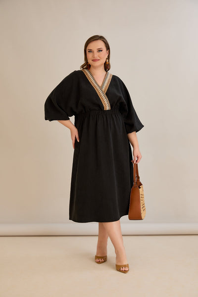 Rochie marime mare din tencel cu decor pe decolteu - negru - 10964