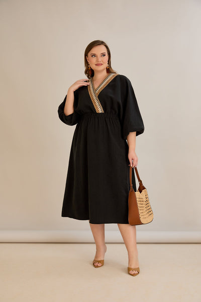 Rochie marime mare din tencel cu decor pe decolteu - negru - 10964