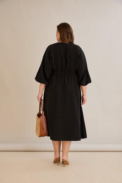 Rochie marime mare din tencel cu decor pe decolteu - negru - 10964