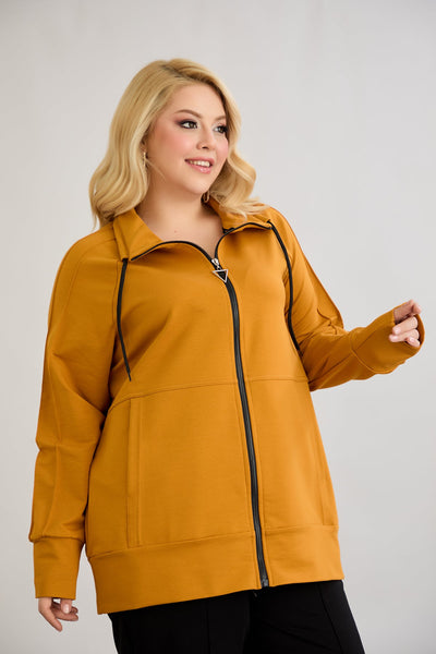 Bluza de trening marime mare cu fermoar si buzunare - mustar