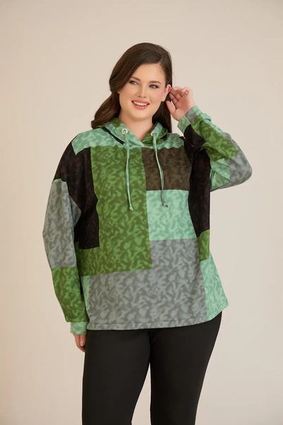 Bluza marime mare cu gluga si snururi - verde