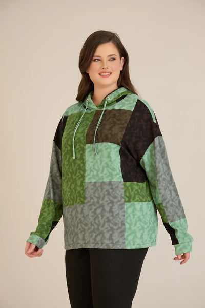 Bluza marime mare cu gluga si snururi - verde