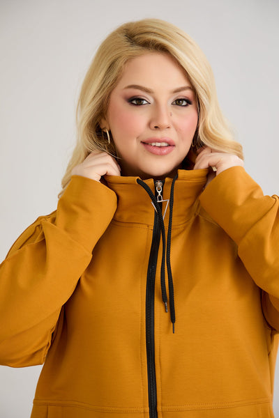 Bluza de trening marime mare cu fermoar si buzunare - mustar