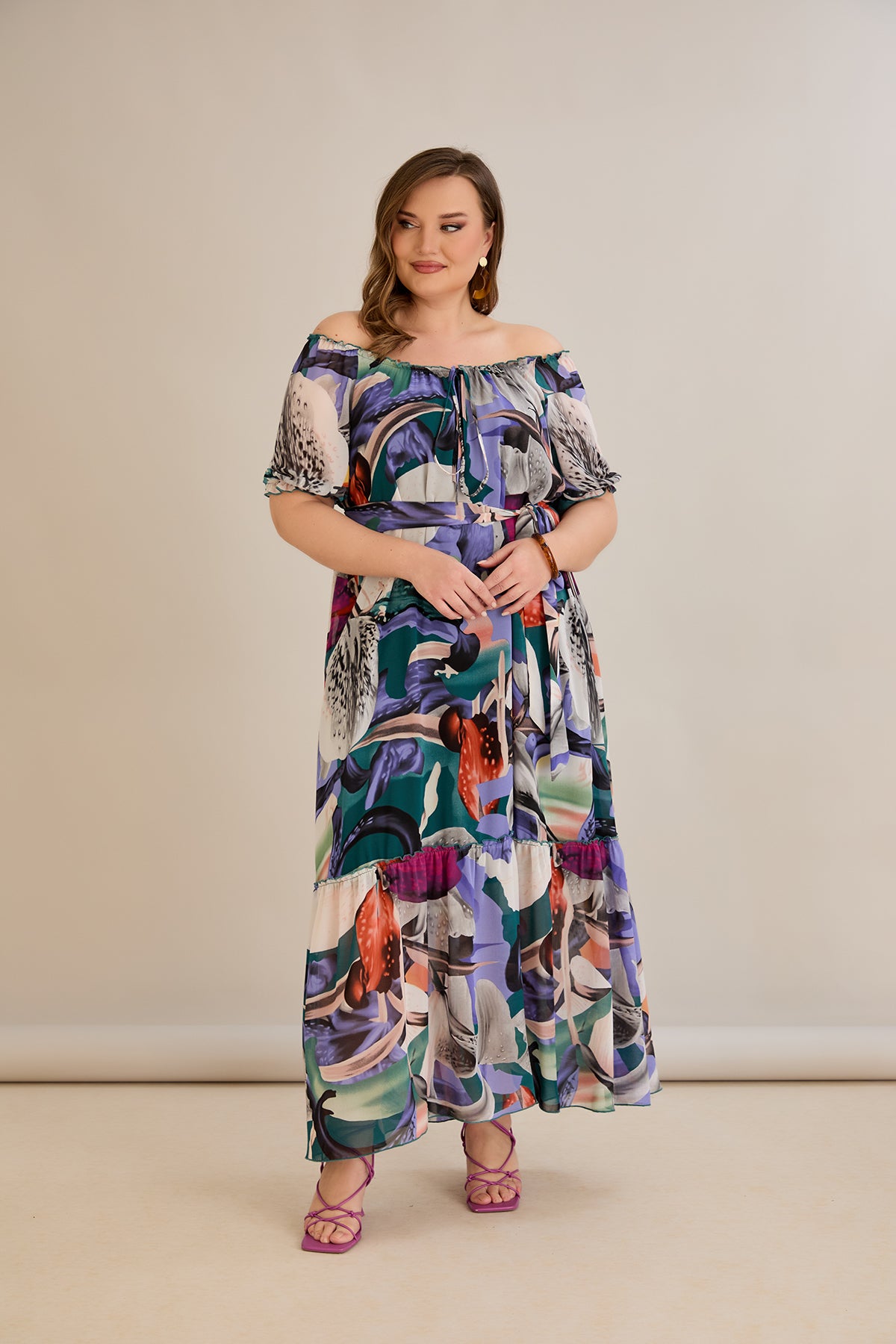Rochie marime mare din sifon cu decolteu Carmen - mov