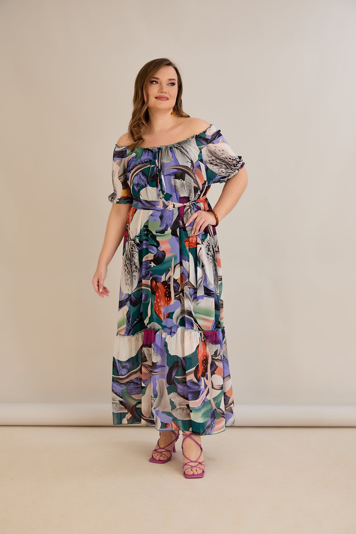 Rochie marime mare din sifon cu decolteu Carmen - mov
