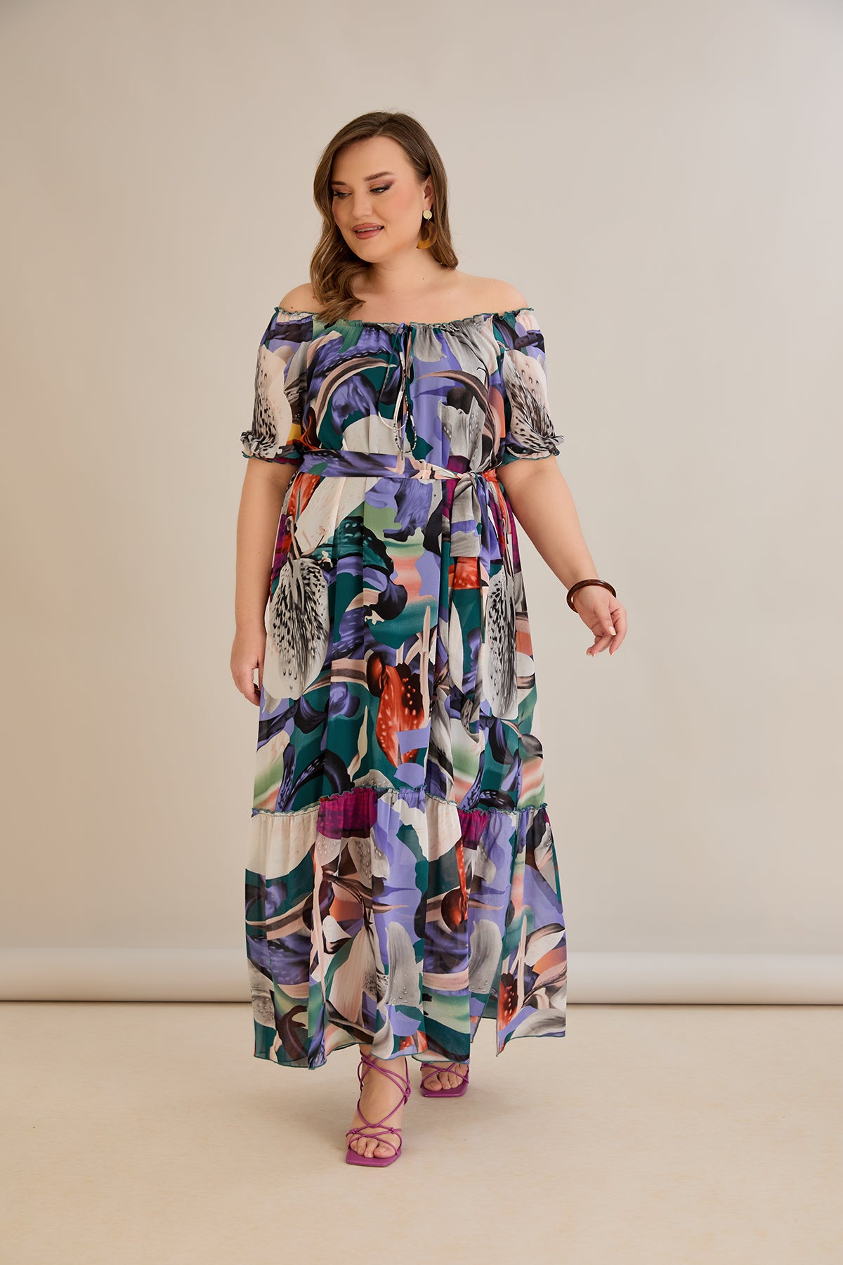 Rochie marime mare din sifon cu decolteu Carmen - mov