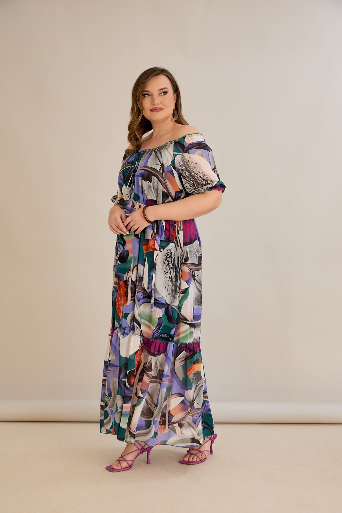 Rochie marime mare din sifon cu decolteu Carmen - mov