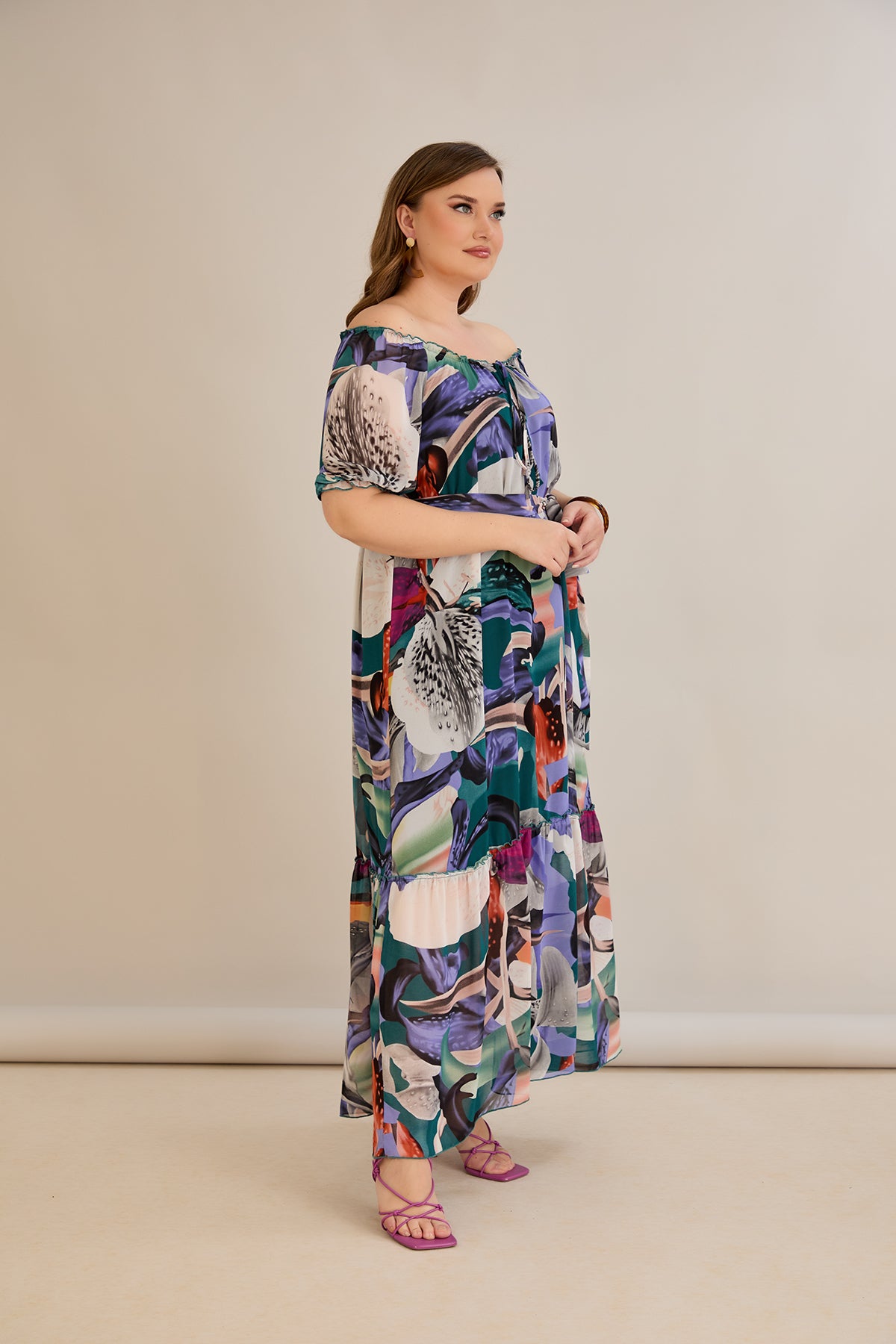 Rochie marime mare din sifon cu decolteu Carmen - mov