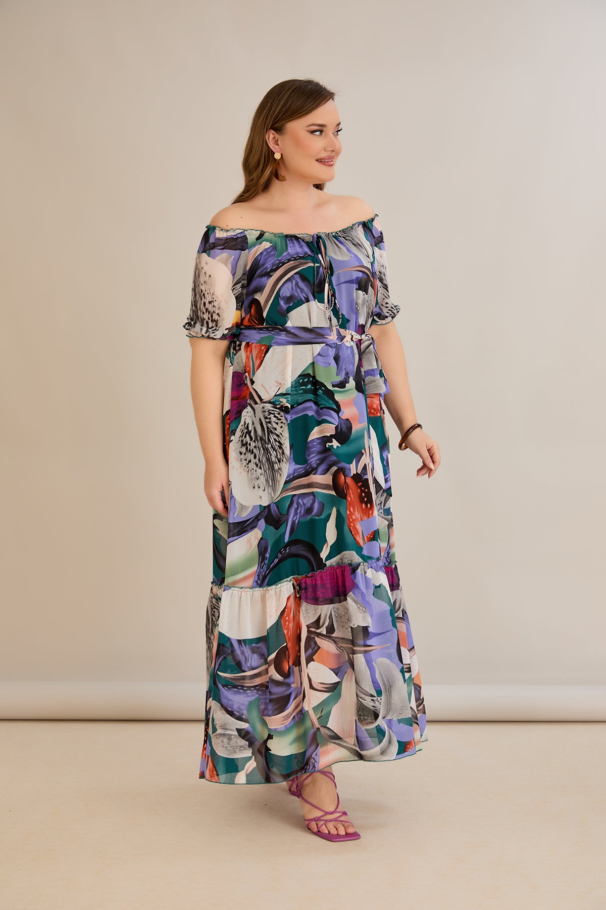 Rochie marime mare din sifon cu decolteu Carmen - mov