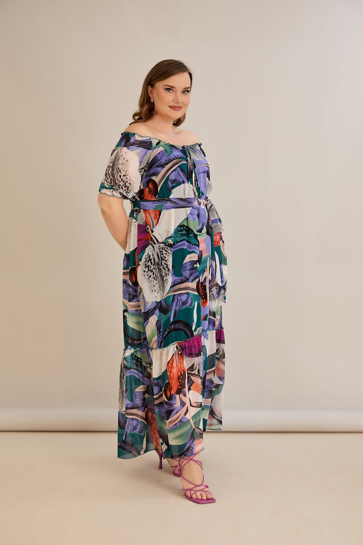 Rochie marime mare din sifon cu decolteu Carmen - mov