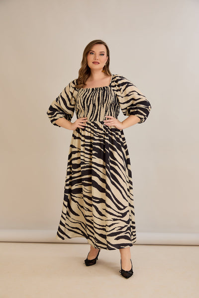 Rochie marime mare lunga de vara cu decolteu patrat - animal print