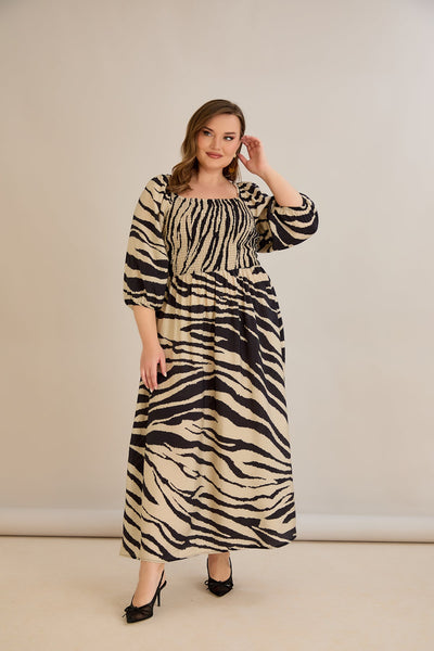 Rochie marime mare lunga de vara cu decolteu patrat - animal print