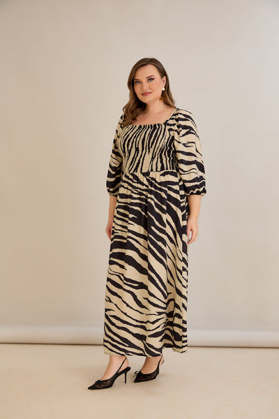 Rochie marime mare lunga de vara cu decolteu patrat - animal print