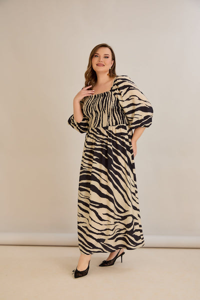 Rochie marime mare lunga de vara cu decolteu patrat - animal print